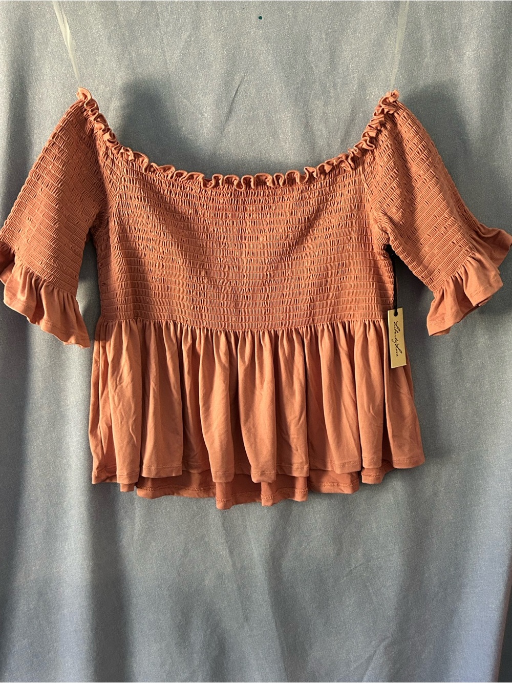 Liberty Love Smocked Off-Shoulder Ruffle Peplum Top - Pink Sz L